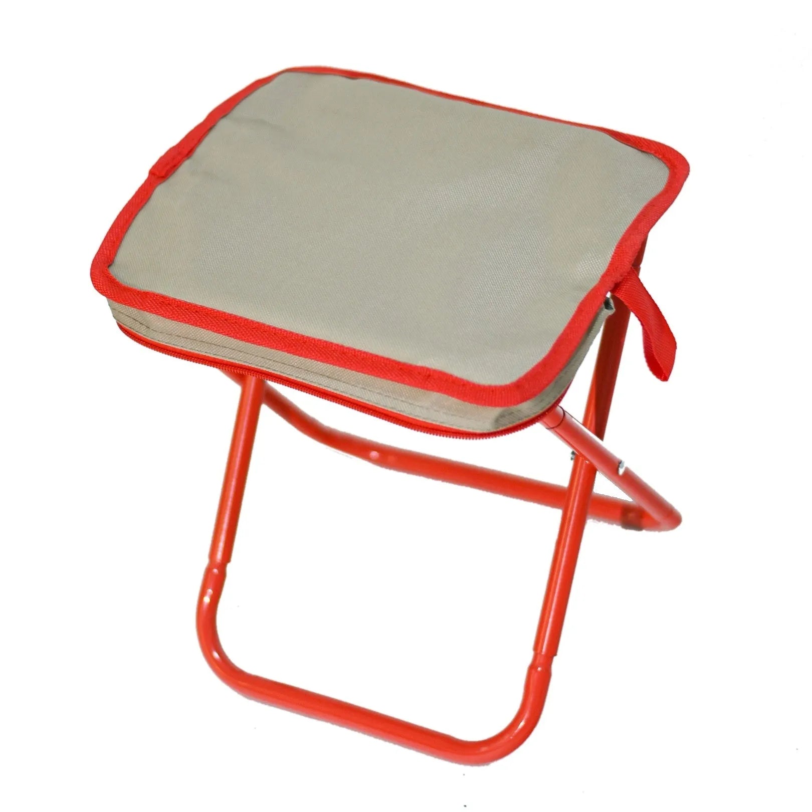 A folded lightweight camp stool in oxford cloth, shown in one of six available colours: black, blue, green, khaki, khaki red, or yellow.