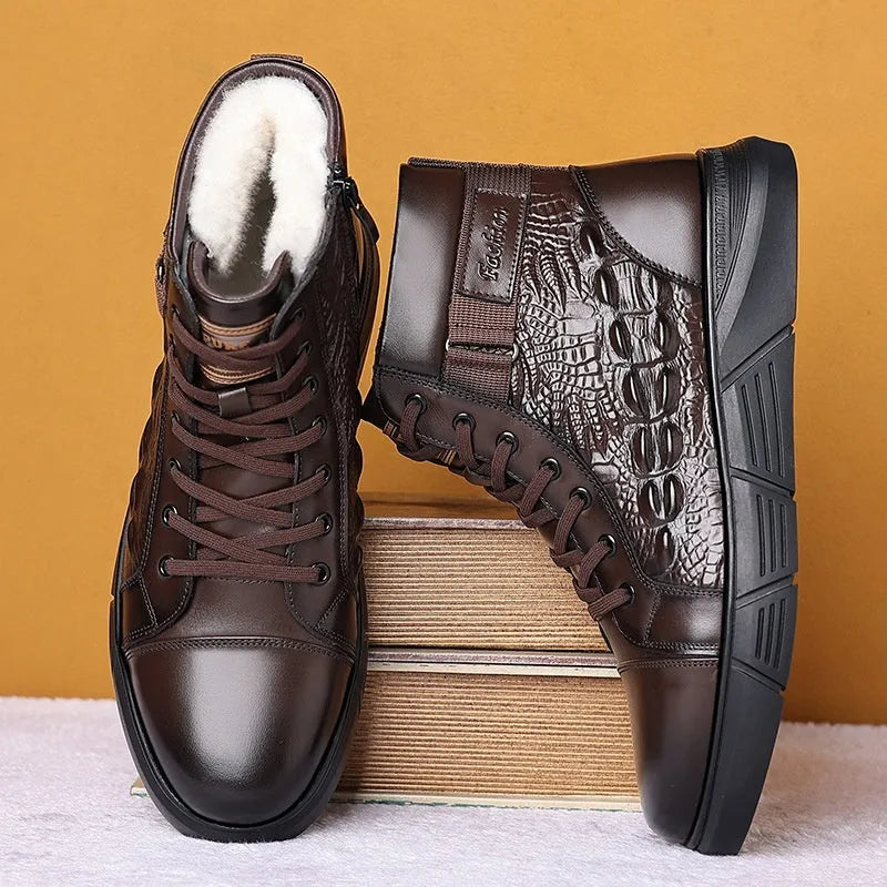 Men's black and brown genuine leather winter boots with fur lining and non-slip rubber soles