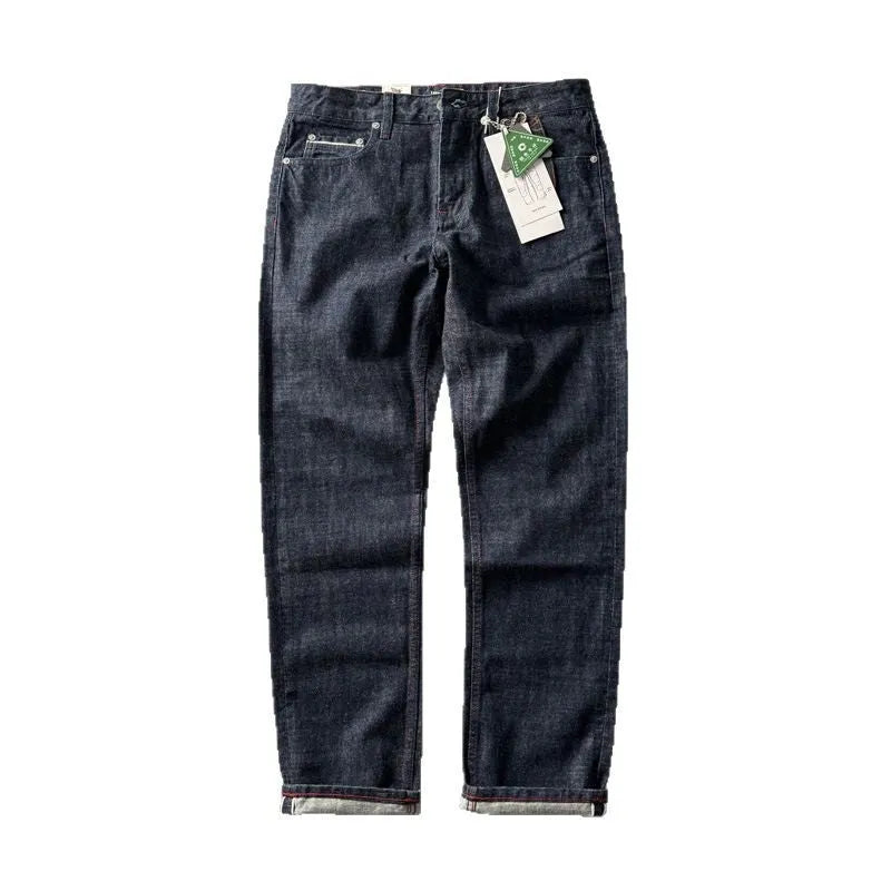 Men's blue straight leg denim jeans with American retro styling and mid waist design