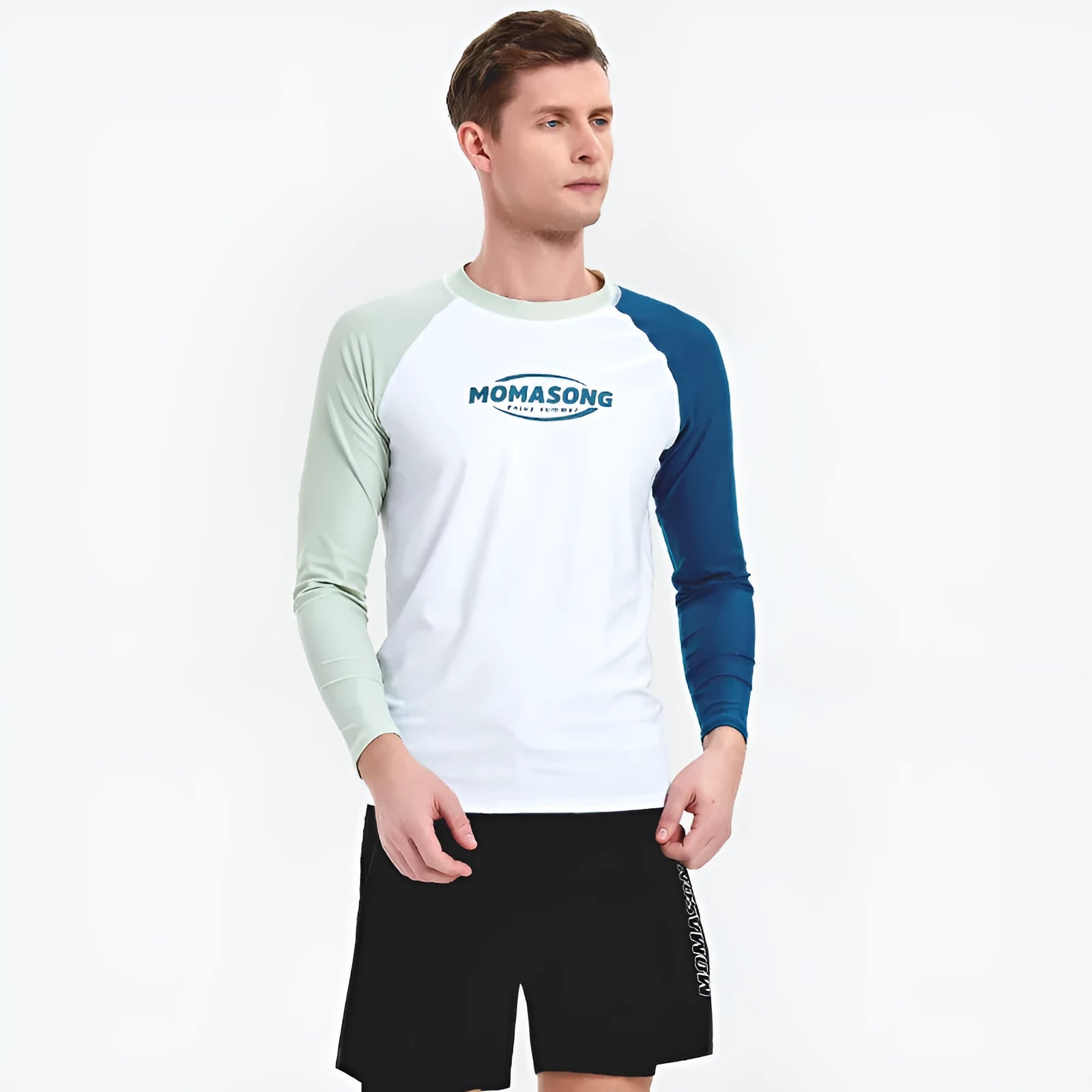 Men's white long-sleeved swim top and matching trunks set for sun protection water sports