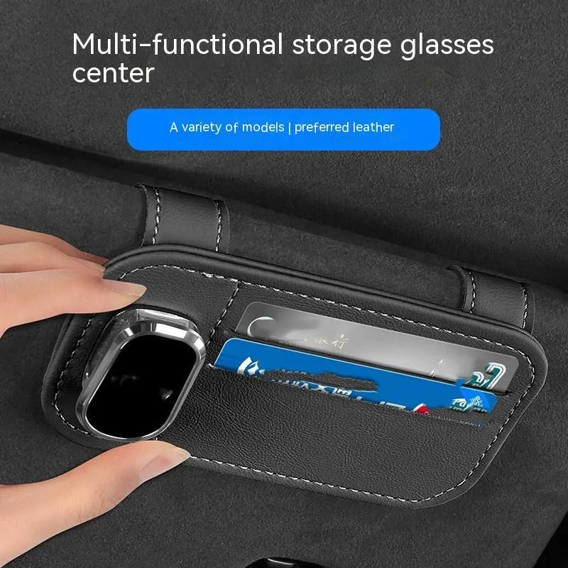 Leather car sun visor card holder with sunglasses clip in snap-on design available in multiple colours.