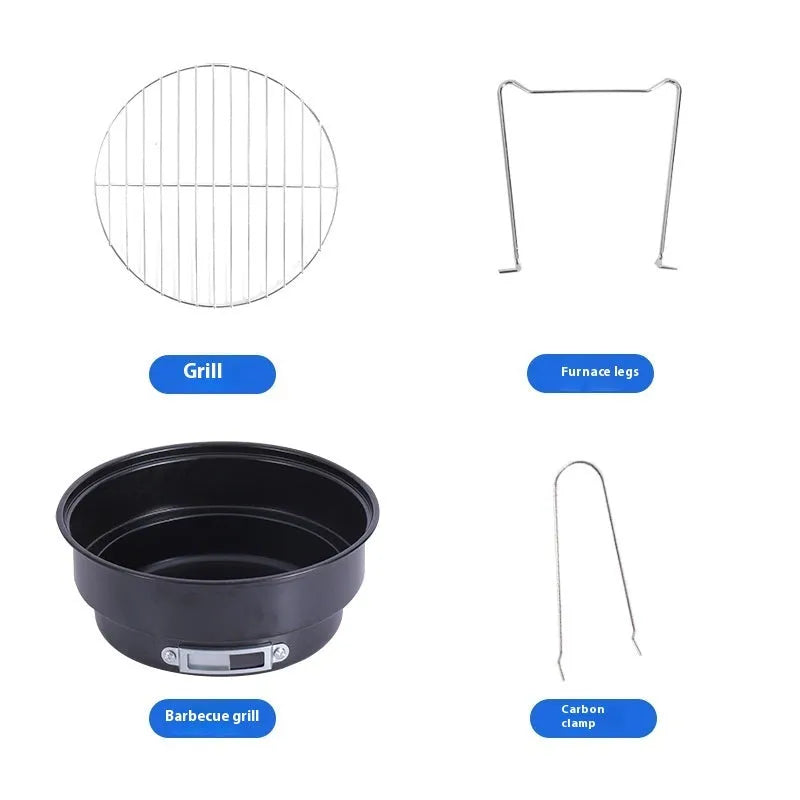 Small folding round ice stove with grill mesh, barbecue grill, furnace legs, and carbon clip components
