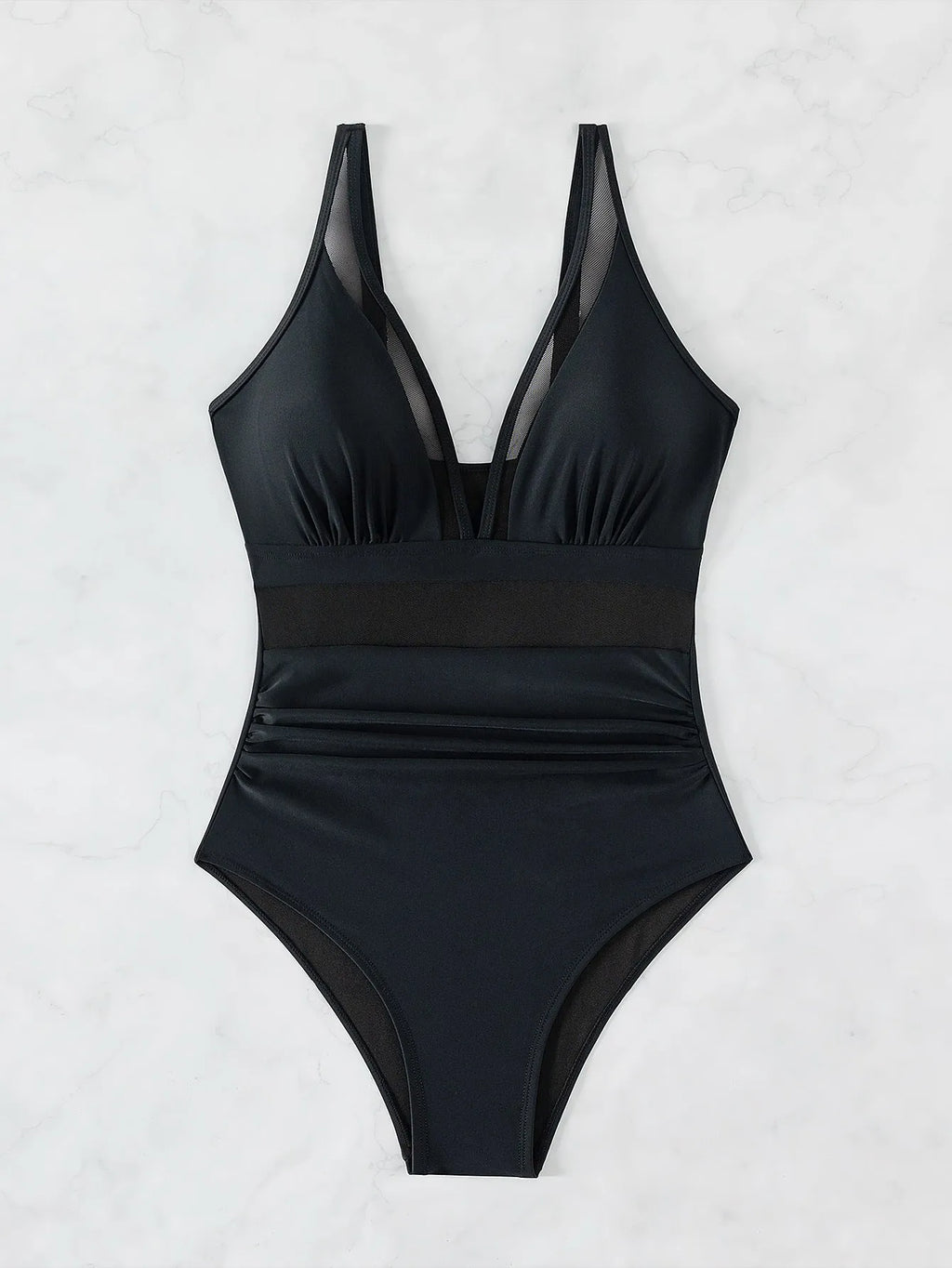 Black halter neck one-piece swimsuit with mesh detailing on adult female model