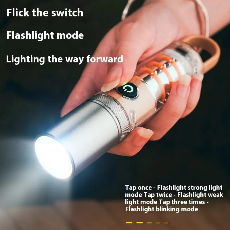 Orange or beige dual light source flashlight with keychain and hook attachments