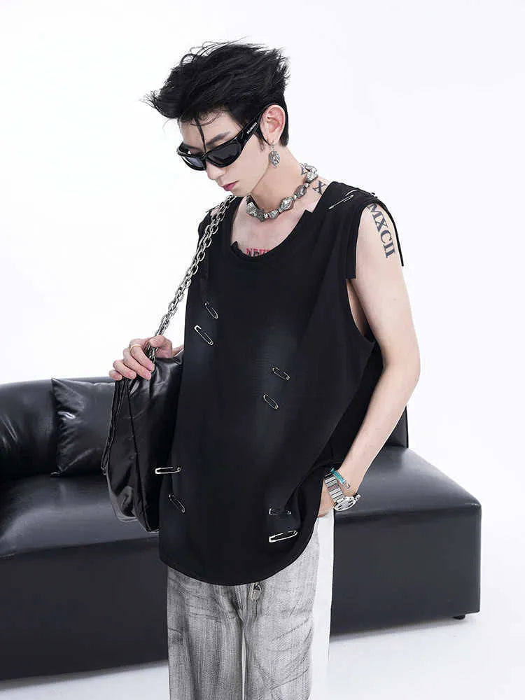 Men's black sleeveless waistcoat vest with irregular ripped cutting piece design and round neck collar