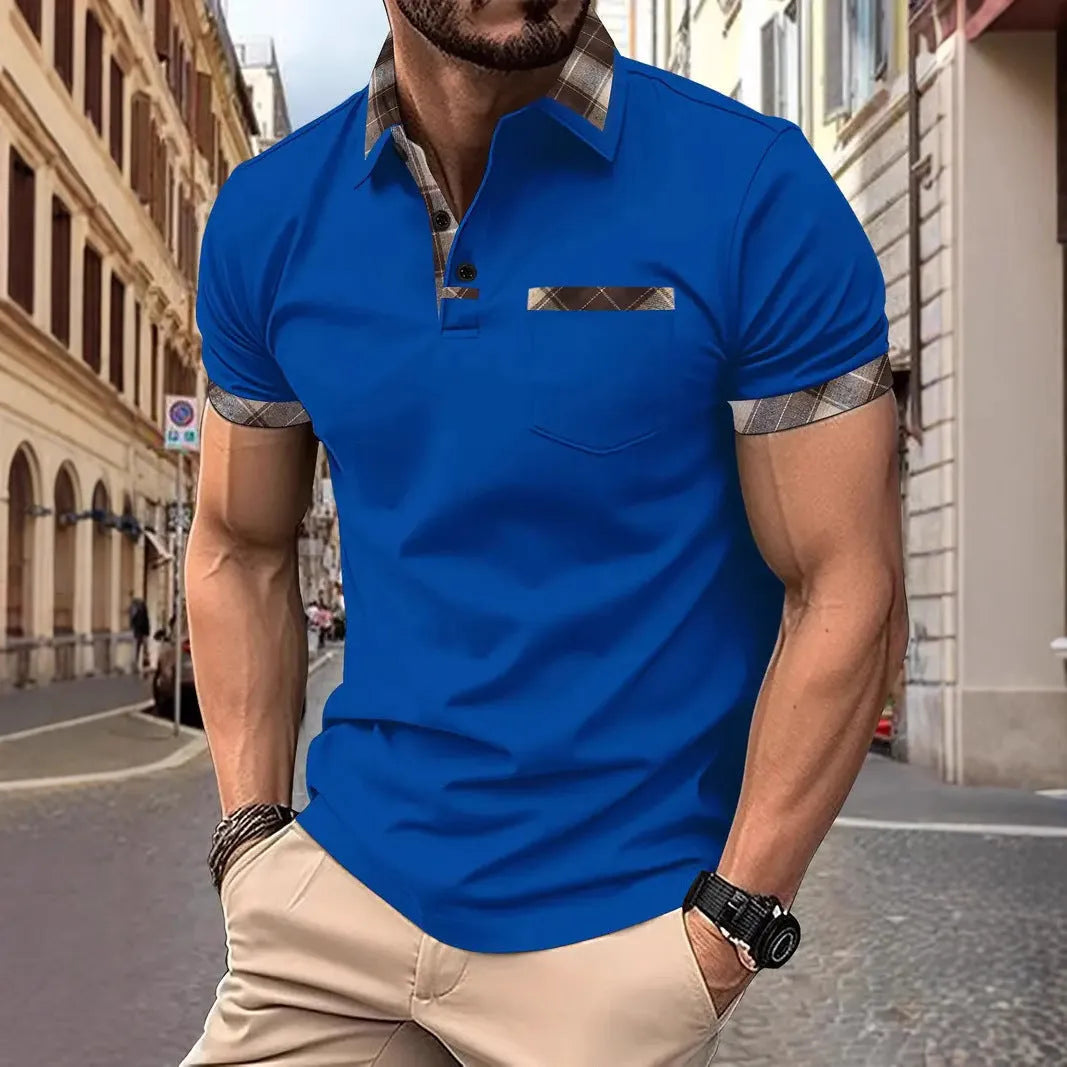 Men's loose fit colourblock plaid t-shirt with zip decorations in multiple colour options