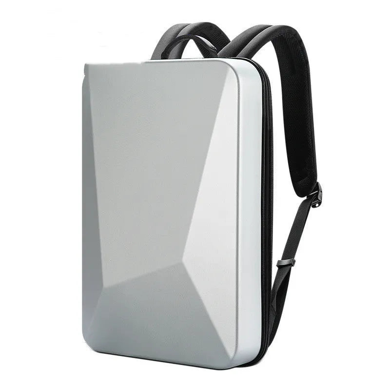 Hard shell gaming backpack in black or silver colour with multiple compartments and lock opening system