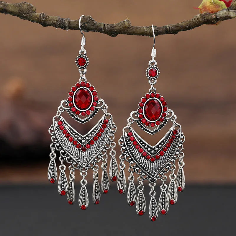 Smart water drop purple retro alloy earrings with long fringe in a drop shape