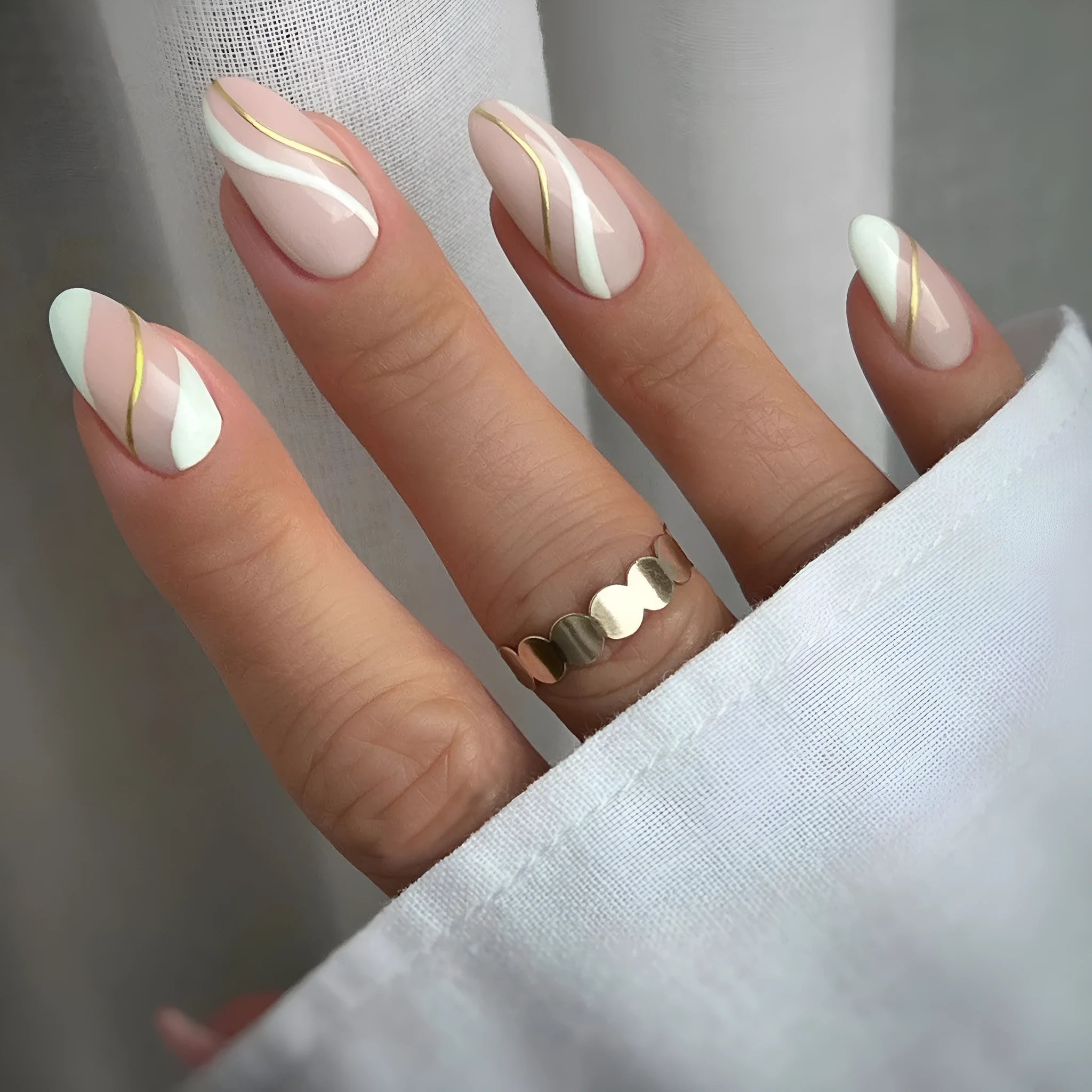 Golden lines plaid pattern nail stickers JF0518 medium drop shape with plastic wearable armour