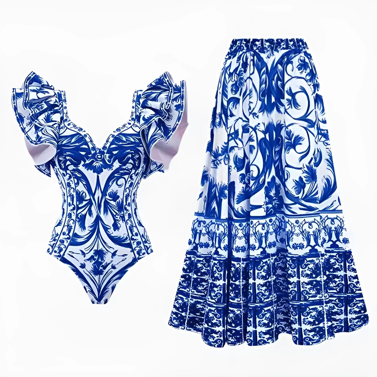 Women's one-piece swimsuit with matching skirt set in polyester fabric available in multiple colours
