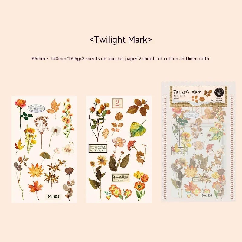 Huazhisen Series forest art style sticker pack showing 85x180mm transfer paper sheets with floral and forest designs