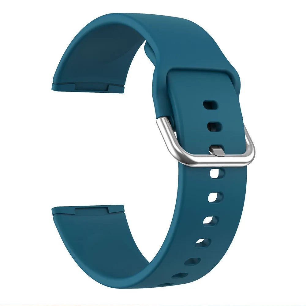 Silicone watch strap with silver buckle for Fitbit Versa 3 and Sense 2 in multiple colour options.
