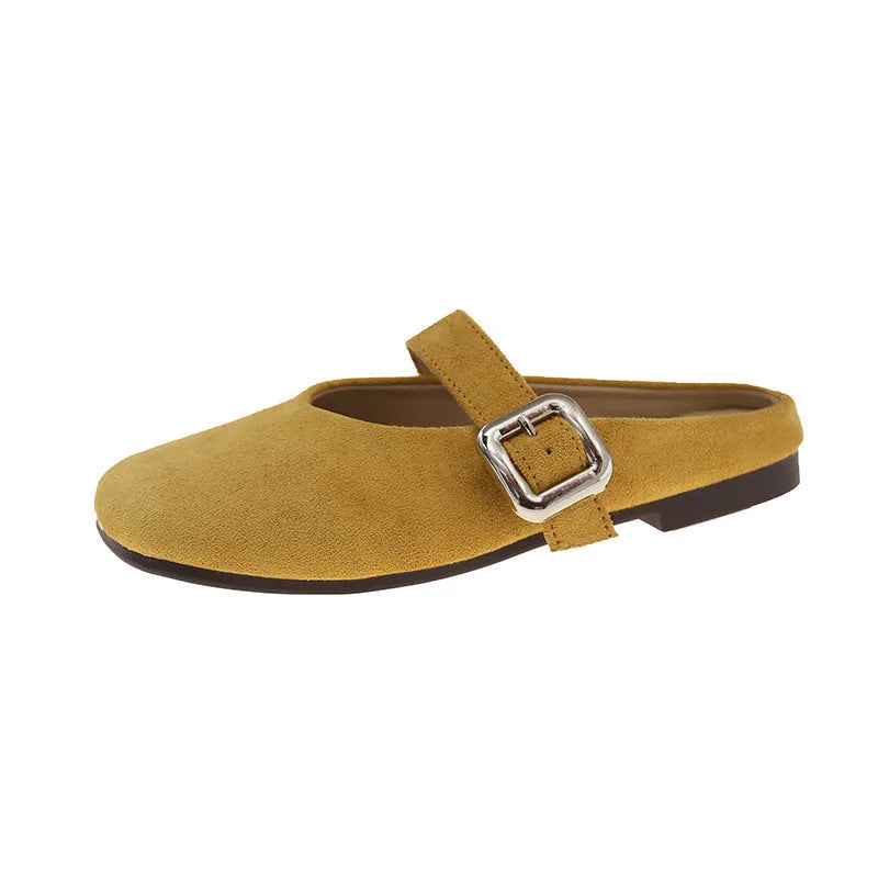 Women's flat closed toe half slippers in square head design with PU upper and rubber sole