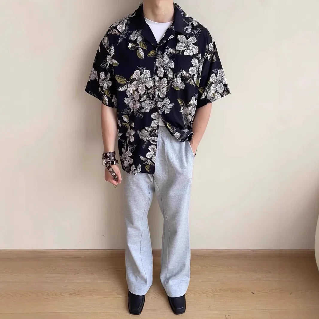 Men's black ice silk shirt with Cuban collar and flower pattern for summer casual wear
