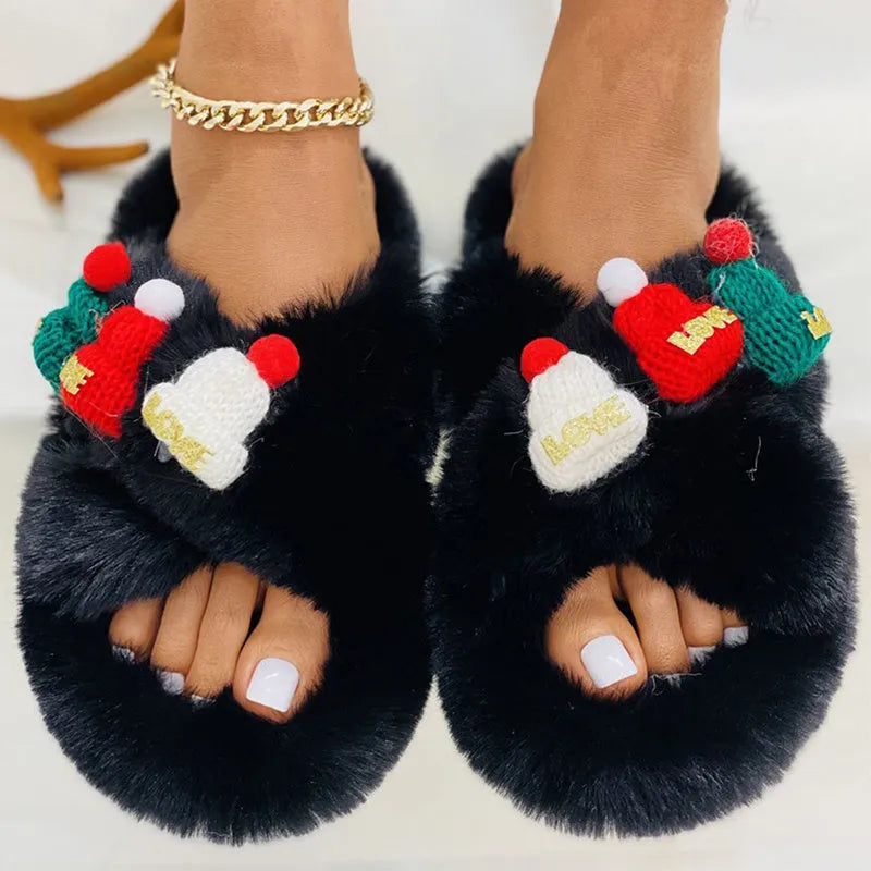 Women's Christmas hat decoration super hairy faux plush slippers in black, khaki, or white.