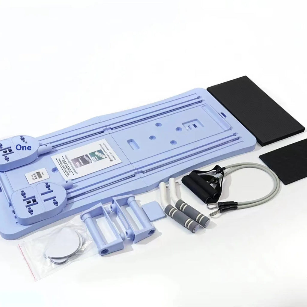 Portable foldable belly panel supine board for home fitness in purple, black, and pink colour options.
