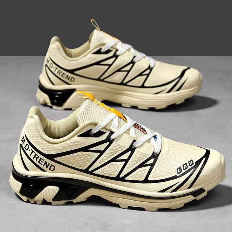 Men's and women's low-top artificial leather hiking shoes in khaki with lace-up front and flat rubber sole