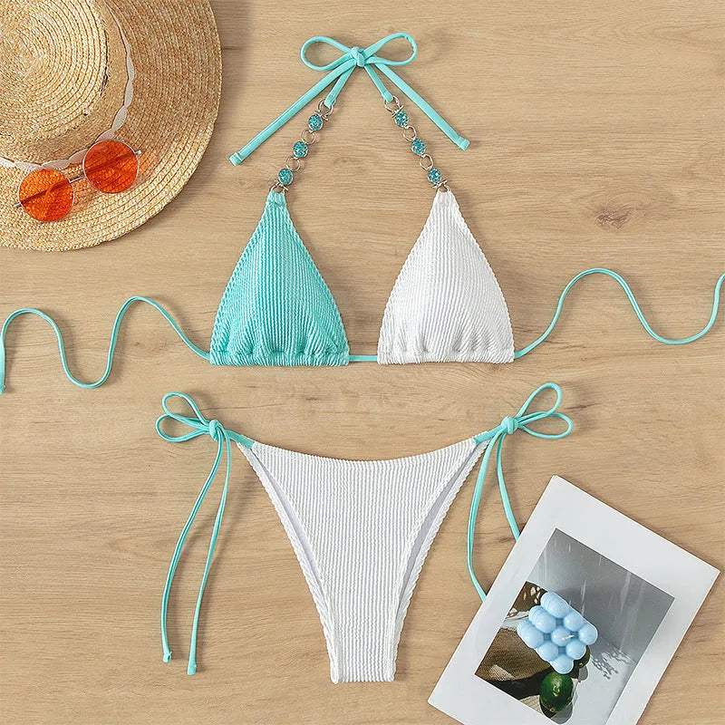 Women's colour matching swimsuit with lace-up pearl chain detail on nylon fabric