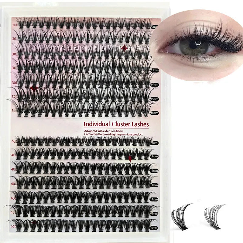 Mixed package of DIY cluster false eyelashes showing 30D and 40D densities with tweezers