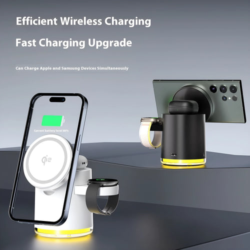 C16 ivory white and black magnetic folding three-in-one wireless charger for phone, watch, and earphones.