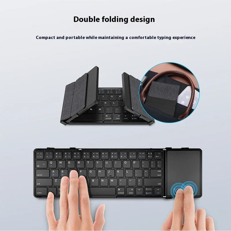 Black folding Bluetooth keyboard for mobile phones and tablets showing compact 346mm size