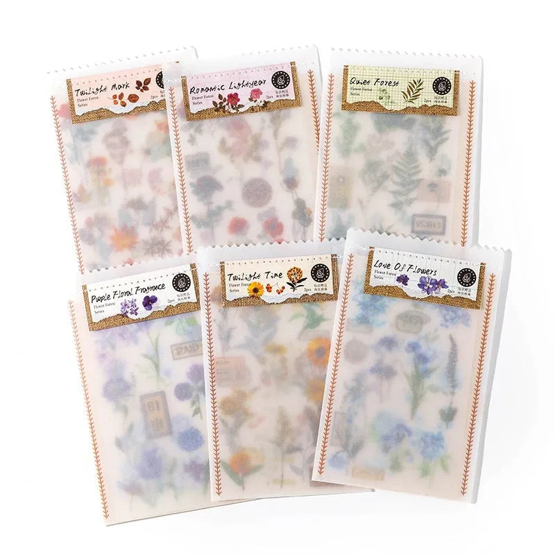 Huazhisen Series forest art style sticker pack showing 85x180mm transfer paper sheets with floral and forest designs
