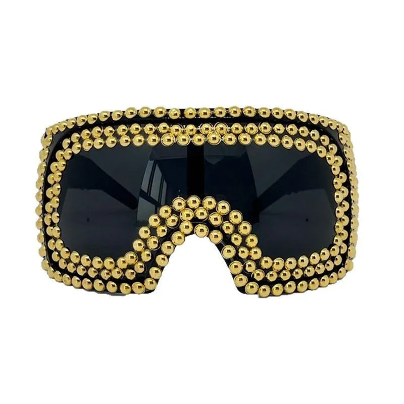Men's punk style sunglasses with super large square rim and rivet details in gold colour