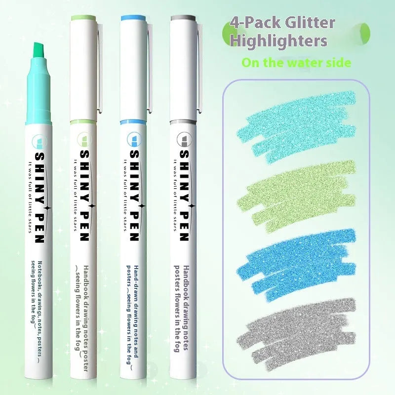 Set of four glitter fluorescent highlighter pens with slanted tips in assorted colours
