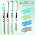 Set of four glitter fluorescent highlighter pens with slanted tips in assorted colours