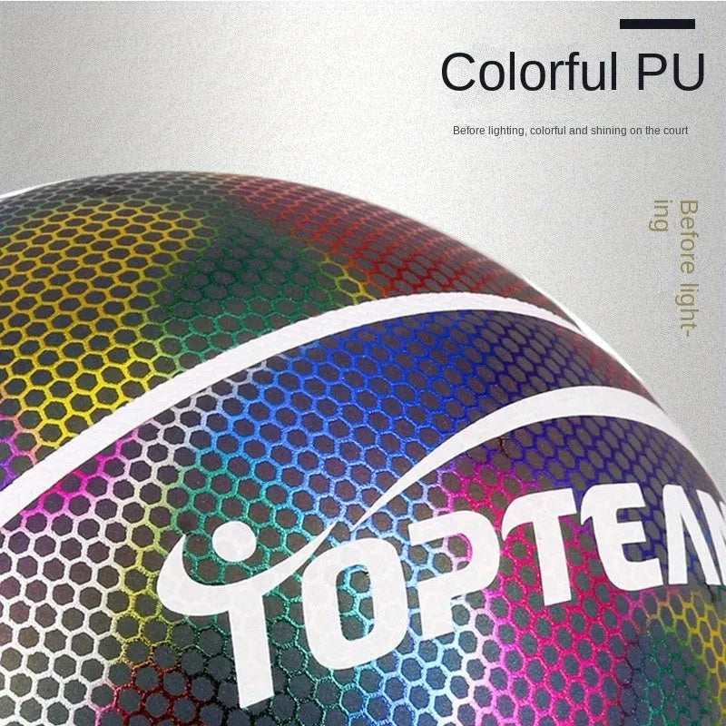 Chroma and white holographic luminous reflective No. 7 basketball made from wear-resistant PU.