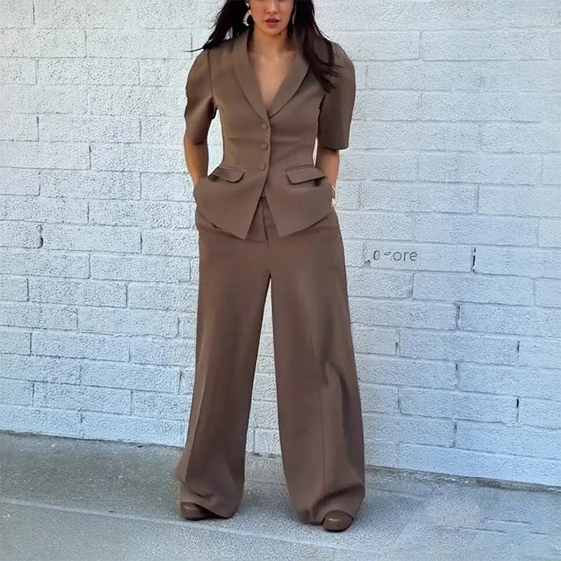 Brown men's polyester slim fit suit with trousers on a hanger