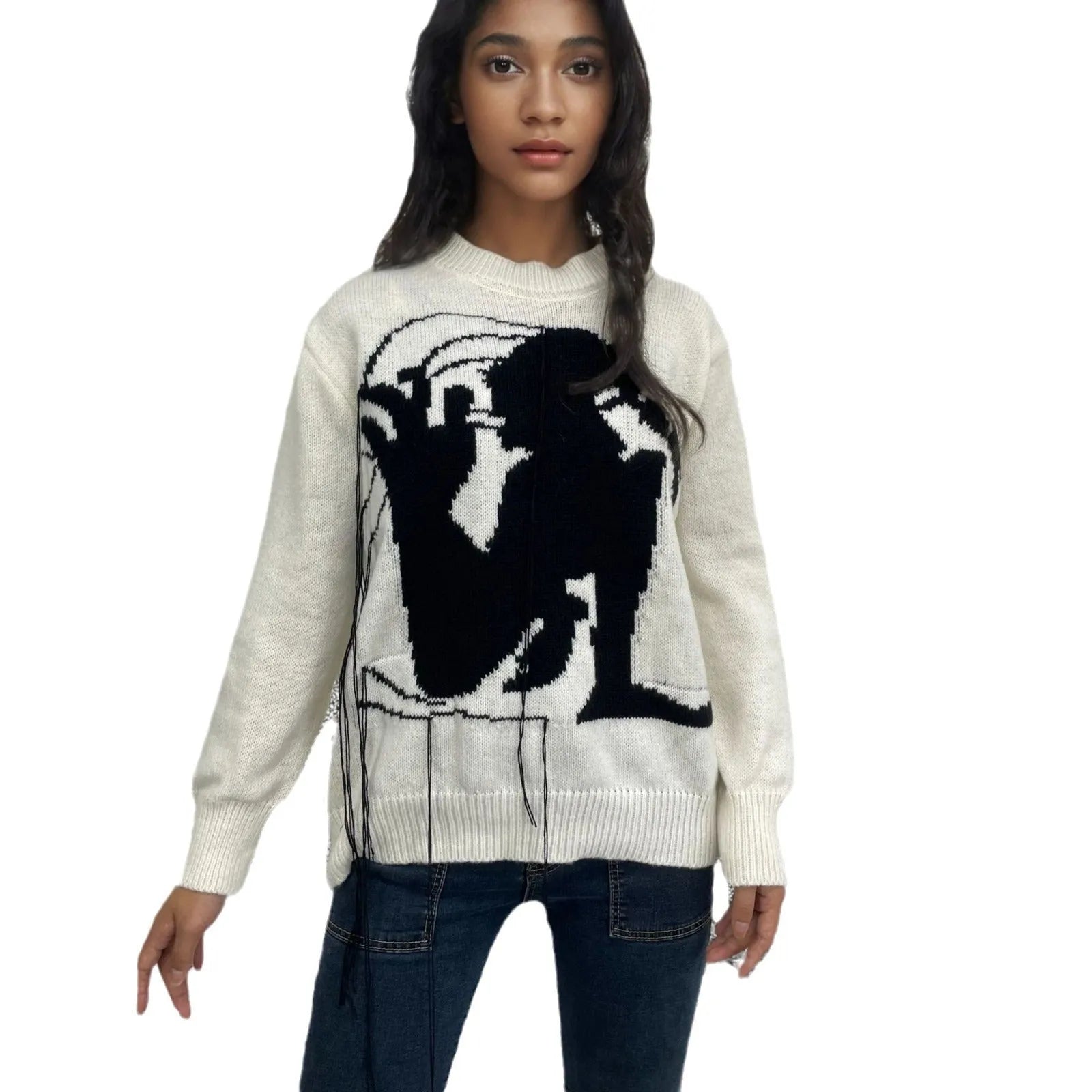 Grey alpaca wool women's sweater with tassel detail and abstract pattern