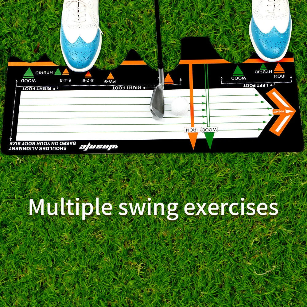 Black neoprene golf swing posture correction mat with directional alignment markings