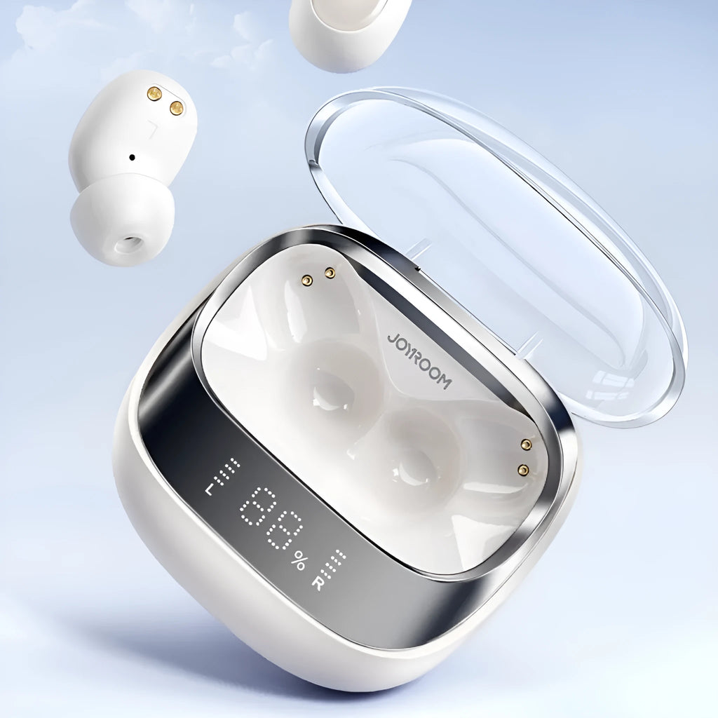 Wireless Bluetooth in-ear headphones with a charging case in dawn white colour.