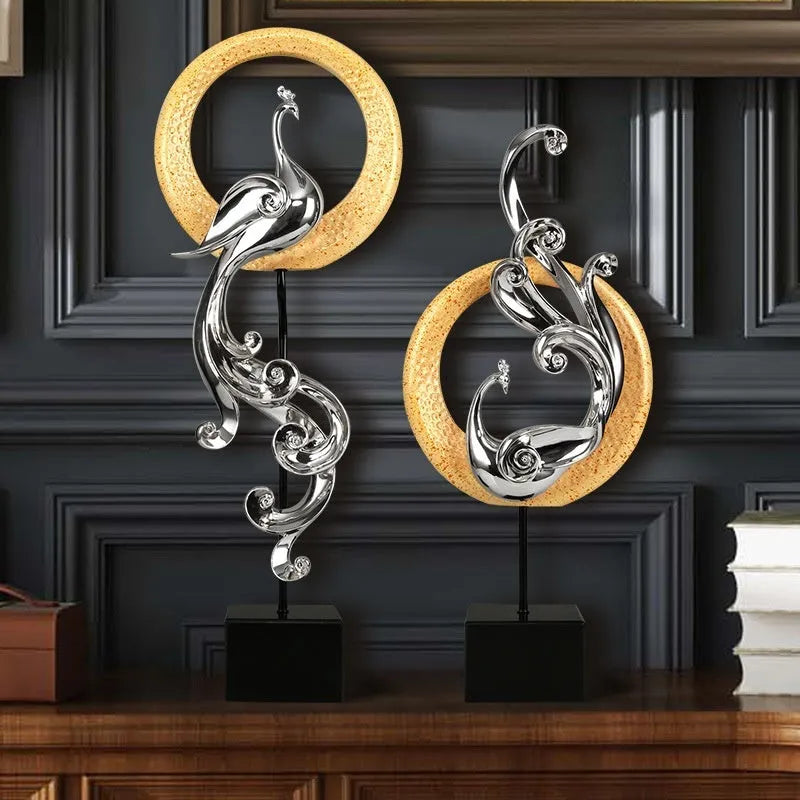 European style synthetic resin phoenix ornament in rose gold, silver, or red colour.