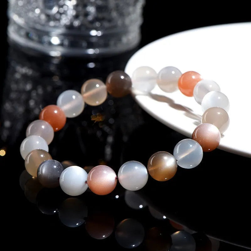 Natural moonstone bracelet with 8mm beads in colourful moon light colour variation