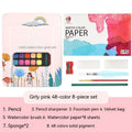 Boxed set of 48 solid watercolour paint tablets including Black Knight, Girl Pink, and Sunshine Blue colours.