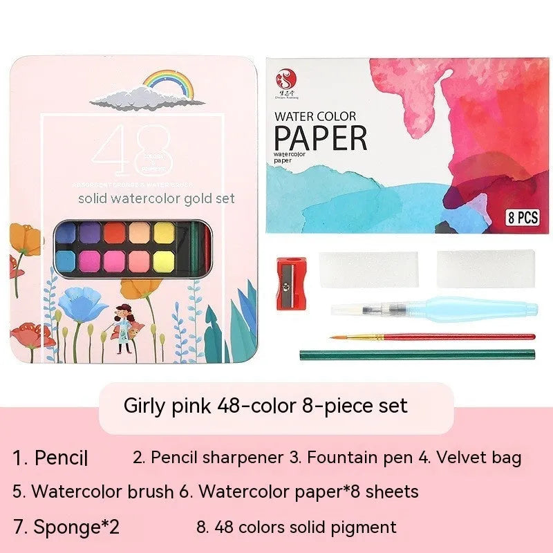 Boxed set of 48 solid watercolour paint tablets including Black Knight, Girl Pink, and Sunshine Blue colours.