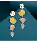 Pair of simple alloy disc earrings with a Morandi three-colour oil drip finish and sterling silver posts.