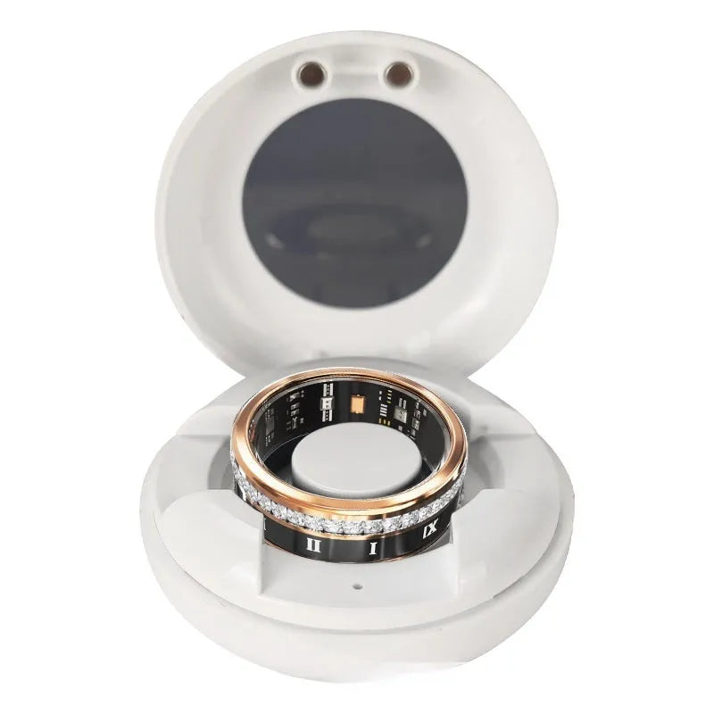 Silver and gold smart ring with diamond inlay showing blood oxygen monitoring technology