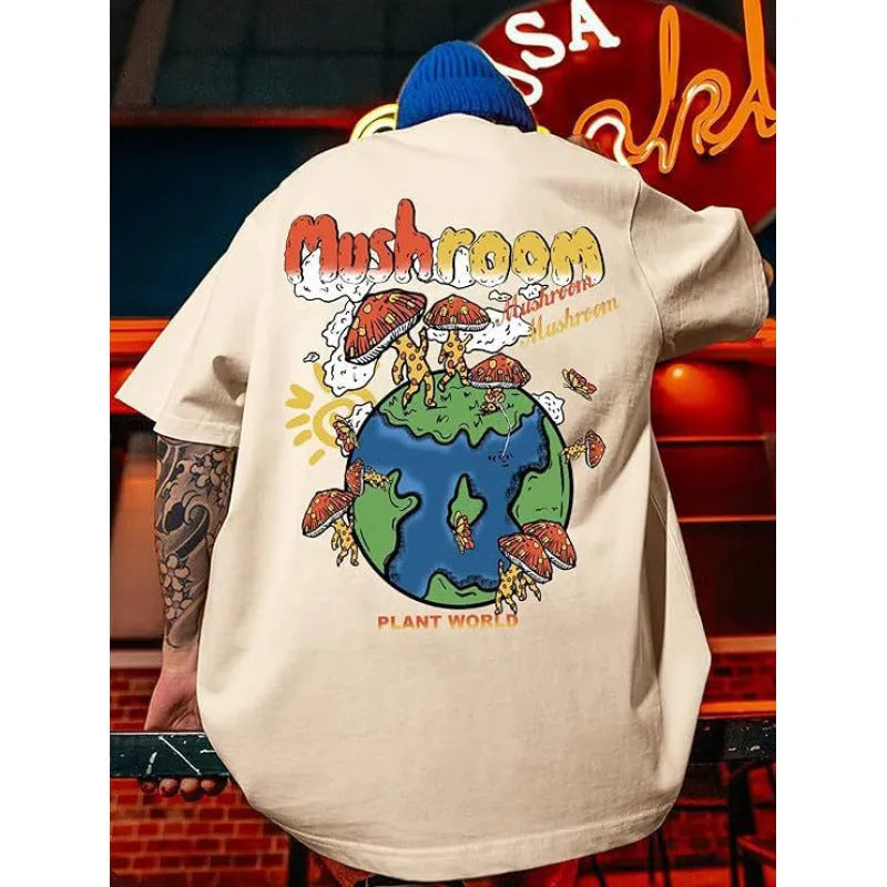 Man wearing a digitally printed polyester street sports T-shirt in a casual style