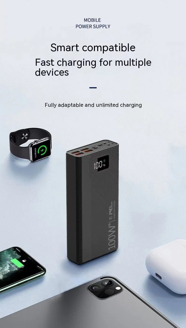 Large capacity black or white plastic power bank with fast charging support.
