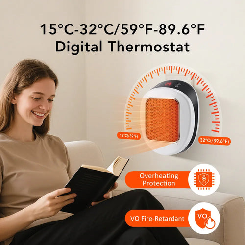 White ceramic heating electric blower with remote control on a desk.