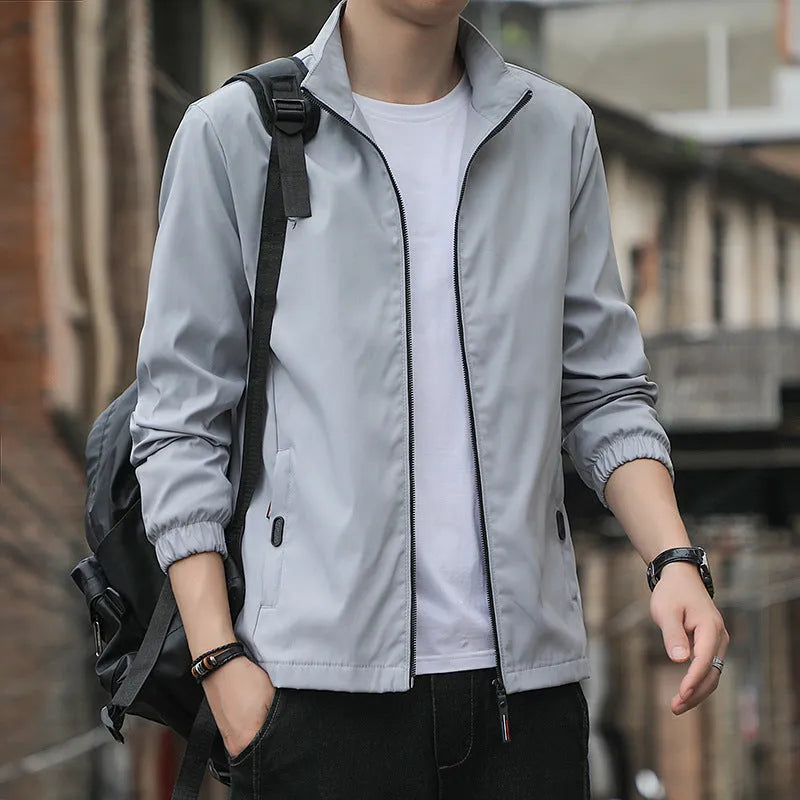 Korean style loose fit autumn jacket in polyester blend with lapel collar and zipper pockets