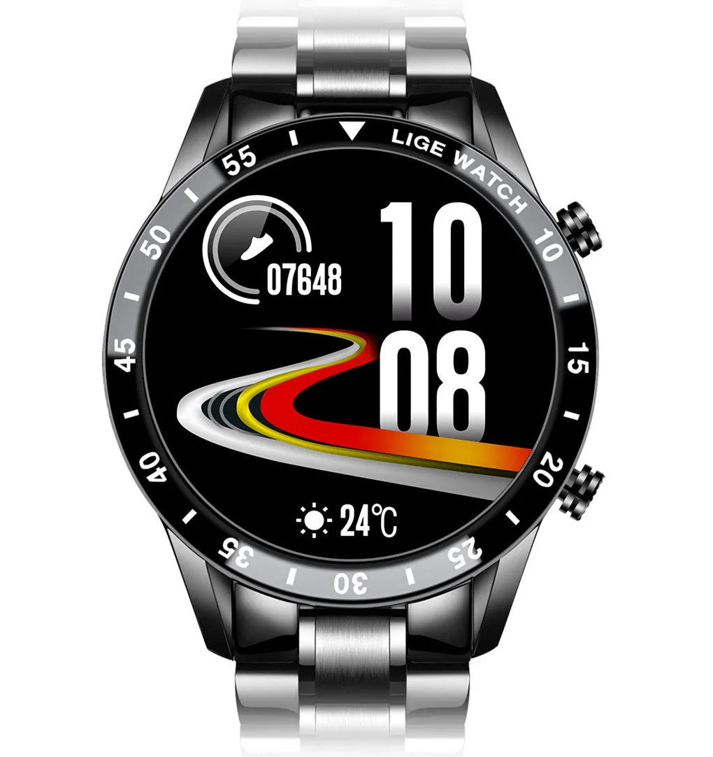 Stainless steel smart watch with 1.3-inch display showing step counting data on wrist