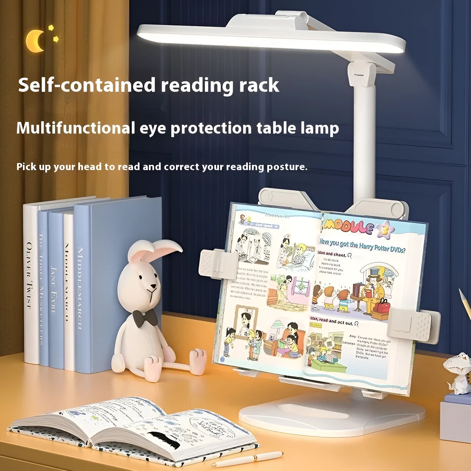 Adjustable reading bookshelf table lamp with three colour temperature settings and dual power modes