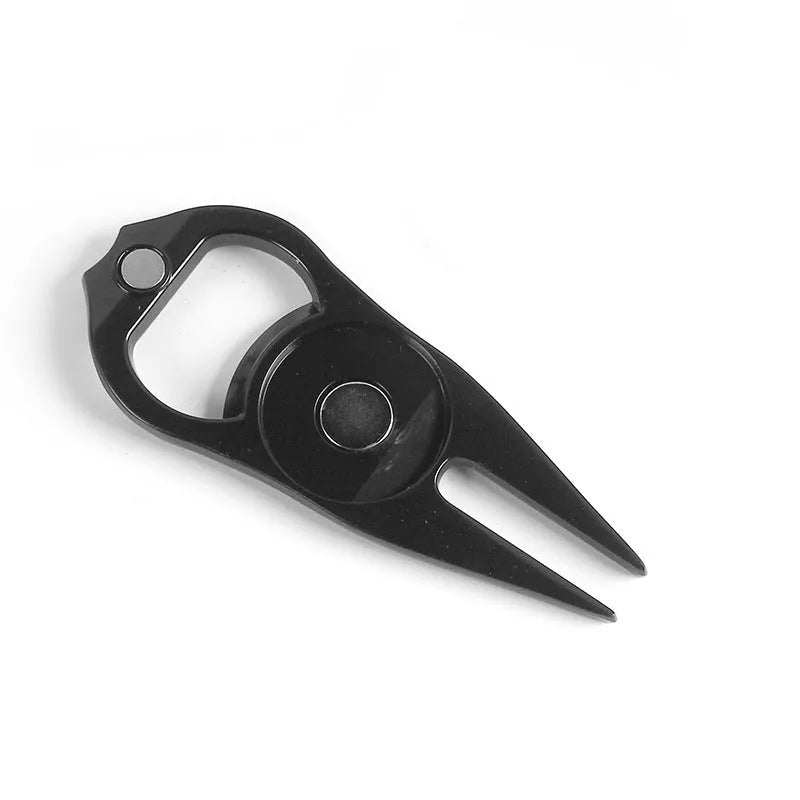 Golf ball fork bottle opener tool in zinc alloy with ball yoke and coin accessories