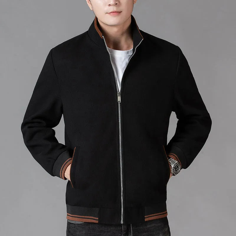 Men's grey sporty fleece jacket with stick pockets, shown on a hanger.
