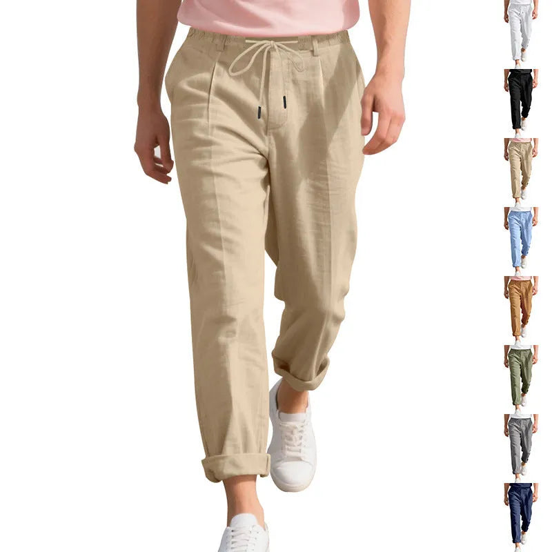 Men's straight leg linen trousers with drawstring waist in light khaki colour