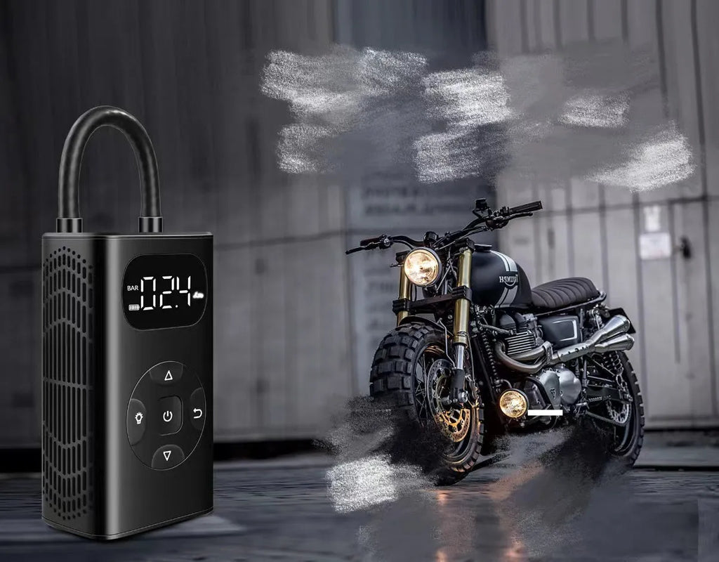 Black portable electric air compressor power bank with USB cable for tyre inflation